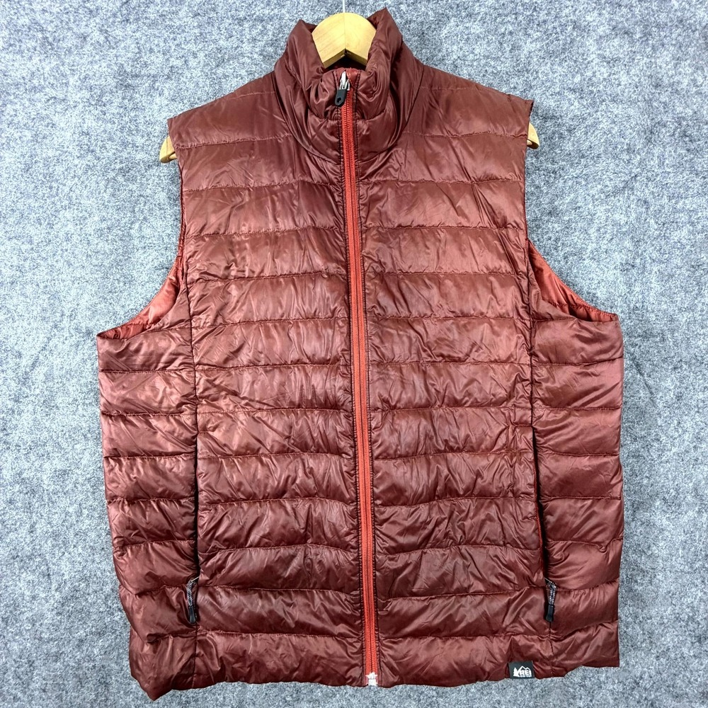 REI Co-op 650 Down Vest Mens Brown Full Zip Mock Neck Full Zip Quilted Hiking